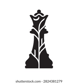 Artistic black silhouette of queen chess piece adorned with intricate leaf and vine patterns suitable for luxury branding elegance concepts creative illustrations and sophisticated graphic design projects.