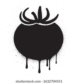 Artistic black stencil graffiti of a tomato silhouette with dripping paint effect on white background. Perfect for urban art, street culture, food design, or contemporary graphic themes.