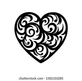 Artistic black vector silhouette stencil heart shape drawing in floral lace style with monograms isolated on white background.Plotter cutting.Love symbol.Valentine's day gift cards decoration element.