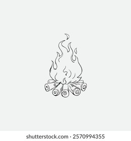 An artistic black and white depiction of a campfire with detailed logs and flames. Minimalist outline art suitable for various creative themes such as camping, nature, or outdoor adventures.