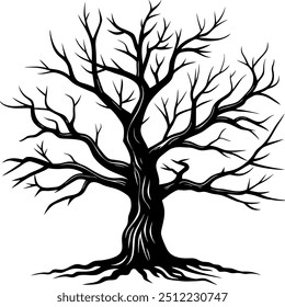 An artistic black and white drawing of a bare tree without any leaves