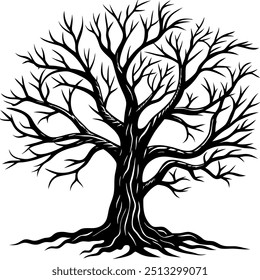 An artistic black and white drawing of a tree that has no leaves
