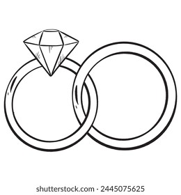 Artistic black and white drawing of two wedding rings with a diamond centerpiece