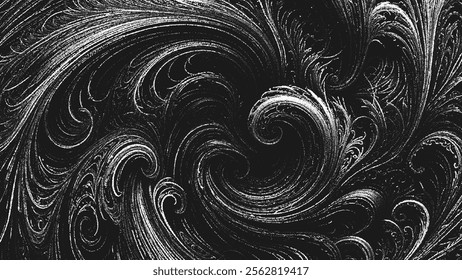 Artistic black and white elegant swirling artwork with grunge stippling style intricate details aesthetic and dynamic motion. Dotwork. Pointillism. Noisy grainy shading using dots. Vector illustration