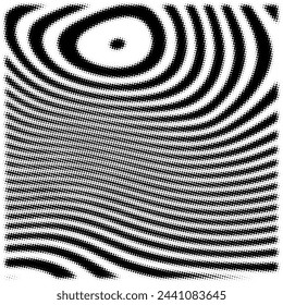 An artistic black and white halftone design, featuring a prominent spiral pattern with graduated wave-like lines radiating outward, creating a hypnotic effect.