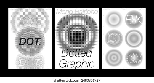 Conjunto de Plantilla de diseño de póster de efecto de semitono blanco negro artístico patrón circular de ilustración de punto de fondo inspirado en monocromo Diseño gráfico creativo abstracto flyer imprimir a4 cubierta punto punto punto onda gota