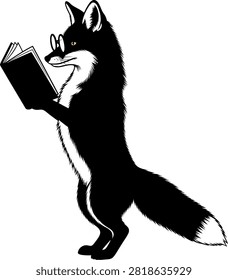 An artistic black and white illustration of a fox standing on hind legs wearing spectacles and holding an open book