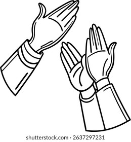 Artistic black and white illustration of human hands reaching upwards in a praying gesture