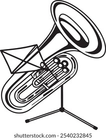 Artistic black and white illustration of a tuba on a stand, showcasing intricate musical details. Perfect for music-themed designs, educational materials, and instrumental graphics.