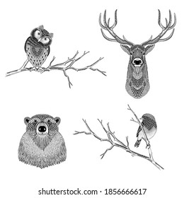 Artistic black and white illustration of wild forest animals - owl, deer, bear, bird