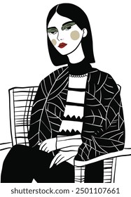 Artistic black and white illustration of a woman with striking green eyeshadow, red lipstick, and wearing patterned clothing while seated