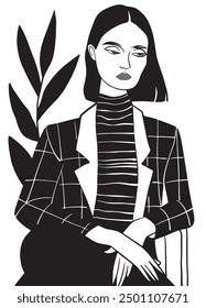 Artistic black and white illustration of a woman wearing a checkered blazer, striped top, and red lipstick, with a serious expression