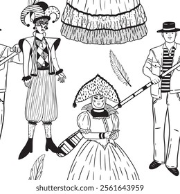 Artistic black and white illustrations featuring traditional carnival characters and themes