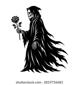 Artistic black and white image of the grim reaper character holding a rose. Skeleton figure in a tattered robe. Perfect for gothic design, death symbolism, and romantic themes.