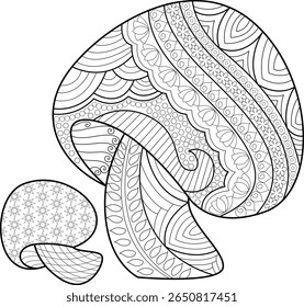 Artistic black and white line art featuring two mushrooms adorned with intricate Zentangle patterns, ideal for coloring.