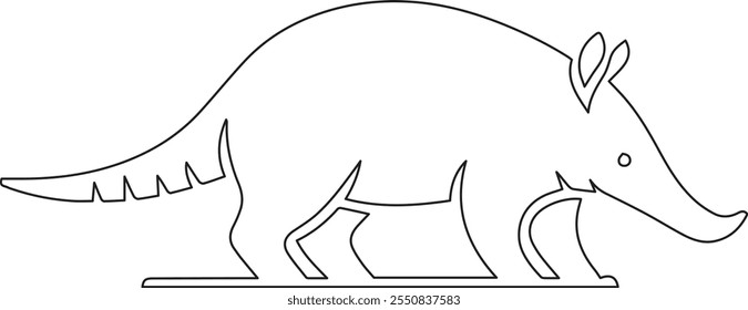 Artistic black and white line drawing depicting an aardvark in simple outline style, showcasing its unique features as a creative and modern stylized animal illustration.