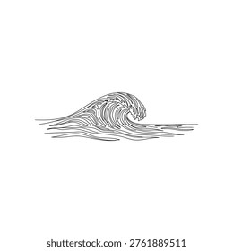 Artistic black and white line drawing of a powerful ocean wave cresting and breaking