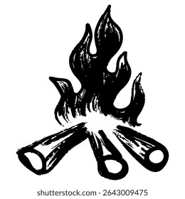 Artistic black and white linocut illustration of a campfire with three logs and stylized flames. Hand-drawn textured brush style perfect for camping, outdoor themes, and vintage woodcut designs.