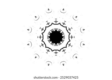 Mandala artística em preto e branco sobre um fundo branco limpo, intricadamente detalhado com simetria