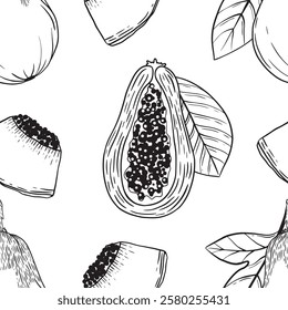 Artistic Black and White Papaya Illustration featuring detailed leaves and vibrant design