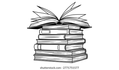 An artistic black and white rendering showcases a neatly stacked pile of books, with the topmost book open.