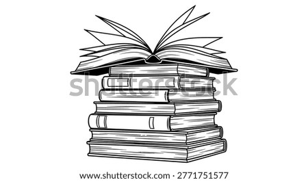 An artistic black and white rendering showcases a neatly stacked pile of books, with the topmost book open.