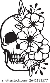 Artistic black and white skull decorated with blooming floral elements and foliage