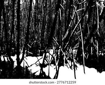 Artistic black and white vector of dense mangrove forest with sunlight hitting trees and water. Detailed monochromatic wetland silhouette, perfect for ecological and environmental graphic design.