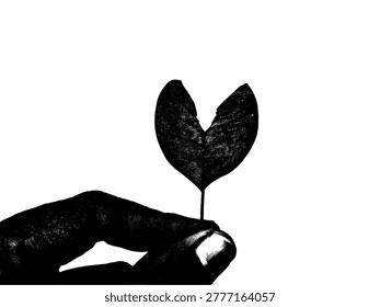 Artistic black and white vector of a hand holding a dry, broken leaf. Detailed monochromatic rustic silhouette, perfect for environmental, nature, and organic-themed graphic design.