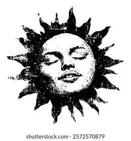 artistic black and white vector illustration of the sun with a serene human face, created in grunge style with textured details for a celestial and mystical design