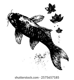 artistic black and white vector illustration of a koi fish swimming gracefully with floating leaves, emphasizing intricate details and texture for an elegant design.