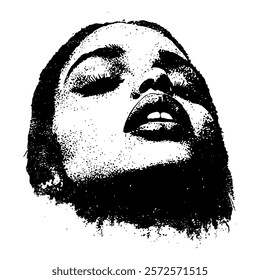 artistic black and white vector portrait of a woman's face with closed eyes, rendered in textured and grunge style for a bold and expressive design