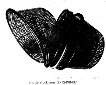 Artistic black and white vector of stacked plastic baskets. High-contrast monochrome illustration featuring intricate woven textures for household, retail, and industrial graphic design