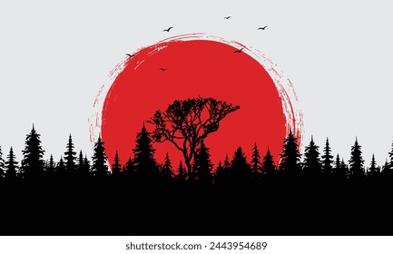 Vista artística de la silueta del fondo blanco de los pinos y la luna