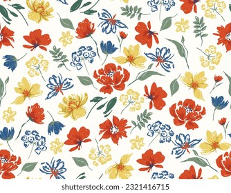 Floral de florecimiento artístico ,tiempo de Sprogn colorido Dibujo manual Flor de pradera sin costura Patrón ,Diseño de moda , tela, textil, papel de pared, envoltura y todas las impresiones