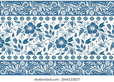 desenho floral de borda azul artístico com desenhos de flores lineares e motivos inspirados em botânica sutil para moda

