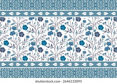 artistic blue border pattern with linear flower elements and minimal leaf details perfect for home textile applications

