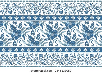 artistic blue border pattern with minimal one line floral drawings and botanical details for seamless textile print

