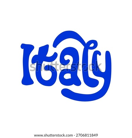 Artistic blue cursive “Italy” text with whimsical curves on white—perfect for tourism, branding, cultural identity, or creative design projects celebrating Italian charm and typography.