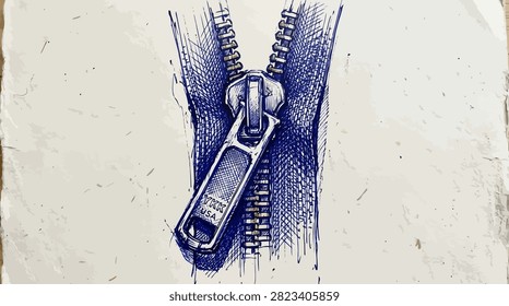 Artistic blue drawing of an open zipper on fabric.