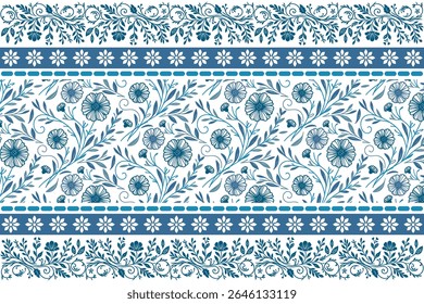 artistic blue floral border with linear botanical drawings and abstract seamless flower patterns for textile markets

