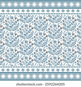 artistic blue floral seamless pattern with detailed border for vintage textile and invitations
