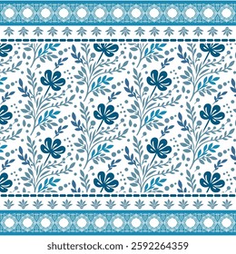 artistic blue floral seamless pattern with intricate border for wrapping and textile printing
