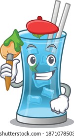 An artistic blue hawai cocktail artist mascot design paint using a brush