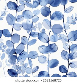 Artista Azul Índigo Carvalho Eucalipto Folha Folhagem Aquarela Abstrato Projeto Escandinavo Padrão Sem Costura Papel De Parede Cortina Fundo Estofamento Presente Envolvimento Papel Vetor