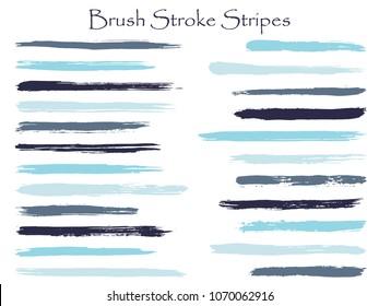 Artistic blue ink brush stroke stripes vector set, horizontal marker or paintbrush lines patch. Hand drawn watercolor paint brushes, smudge strokes collection. Interior paint color palette elements.