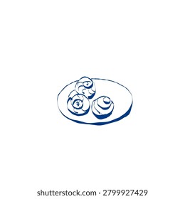 Artistic blue ink drawing of cinnamon rolls on a plate.