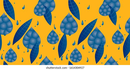 Artistic blue leafs and drops on orange background. Repetitive vector illustration. EPS 10.