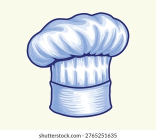 Artistic blue tinted chef hat vector. Professional culinary headwear with engraved line art. Kitchen staff uniform icon.