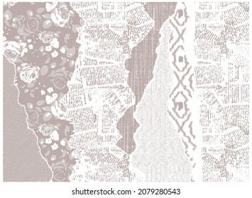 Artistic boho chic, roses floral, ethnic, newspaper collages digital print or jacquard pattern halftone effect design pastel beige coloured 